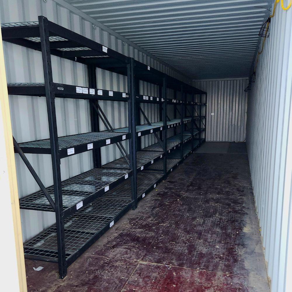 40’HC (1-Trip) Shipping Container with Shelving on One Side + Lighting - Custom Cubes